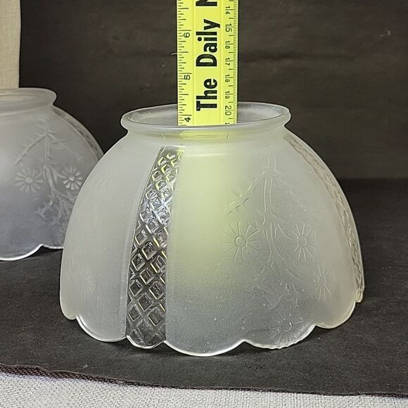 THREE Vintage Frosted Scalloped Raised Etching Glass Light Lamp Shade 7" - Picture 7 of 7